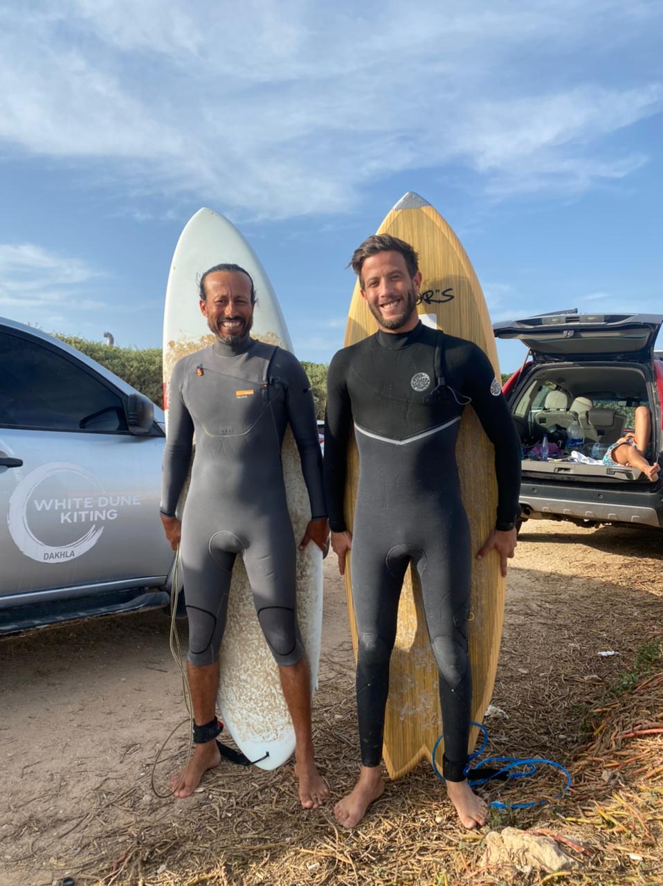 Surfing lessons on Atlantic ocean waves near Dakhla, Morocco with experienced local surf instructors